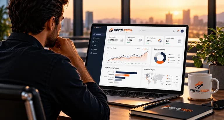 Person reviewing a Business Intelligence dashboard with sales, charts and a map on a laptop