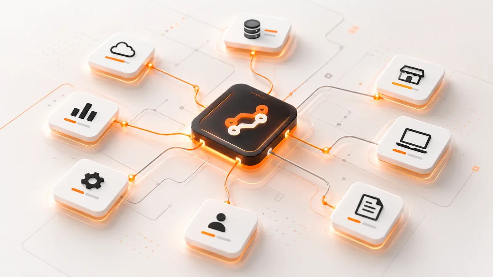 Central hub connected to cloud, databases, analytics, settings, users, documents and devices