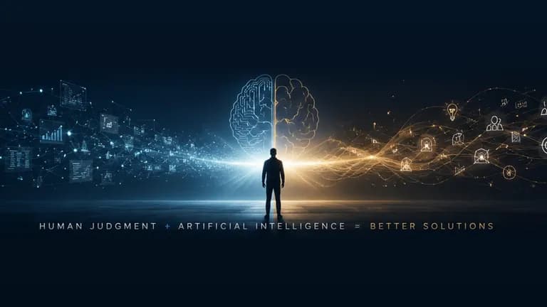 Persona entre un cerebro digital y uno humano, con la frase «Human judgment + Artificial Intelligence = Better solutions»
