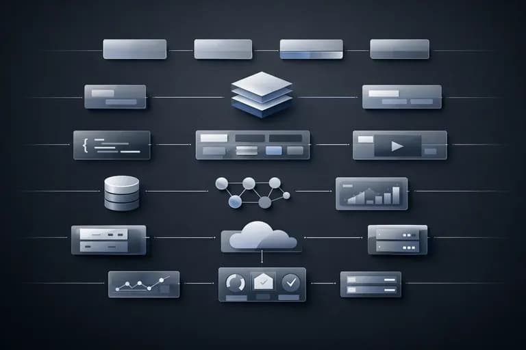 Diagram of connected software components: databases, cloud, servers, code and dashboards
