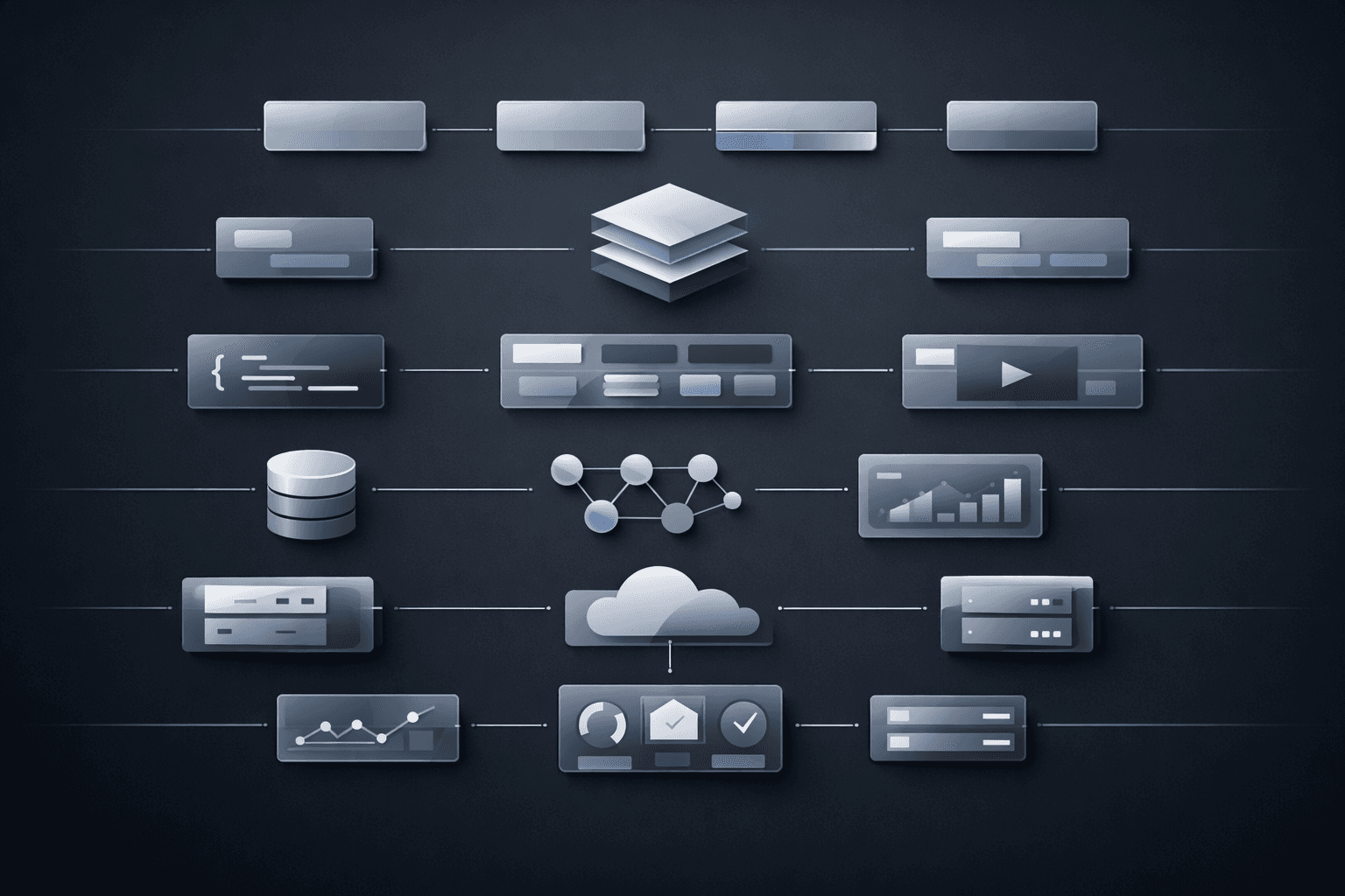 Diagrama de componentes de software conectados: bases de datos, nube, servidores, código y tableros