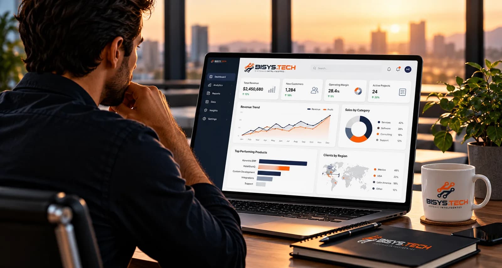 Persona revisando un tablero de Business Intelligence con ventas, gráficas y mapa en una laptop