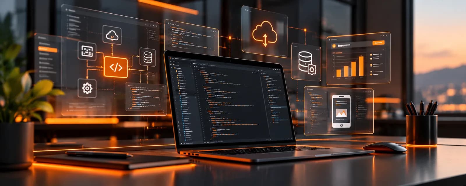 Laptop showing code with holographic panels for cloud, databases and charts on a desk