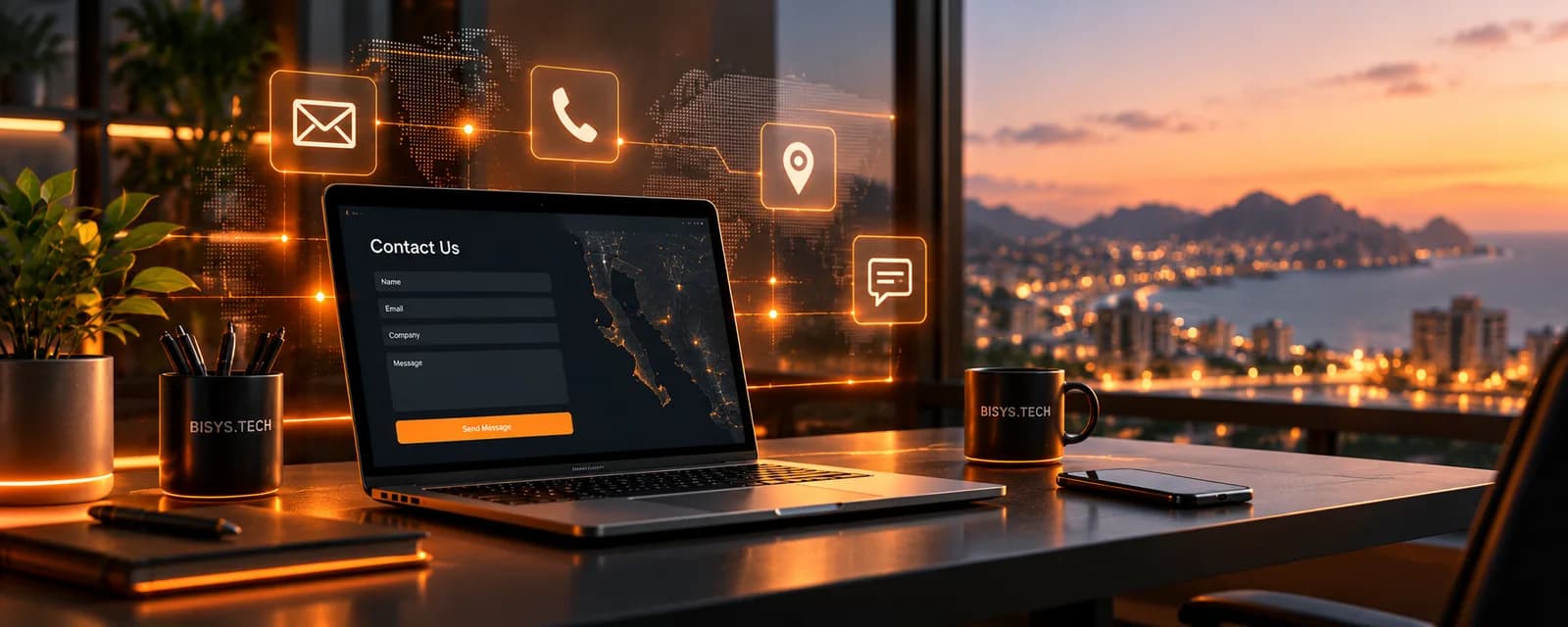 Laptop con formulario de contacto e íconos de correo, teléfono, ubicación y mensajes frente a la bahía al atardecer